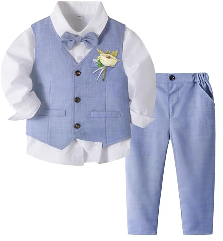 Volunboy Elegant klädset för barn, pojkar, bröllopsceremoni, kostym, 4 delar, långärmad skjorta + fluga + väst + byxor, Ljusblå, 3-4 anni
