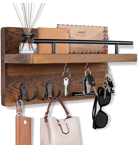 Key Holder for Wall Decorative with 5 Key Hooks, Wall Mounted Key Hangers for Wall with Mail Key Rack, Wooden Mail Organizer with Shelf