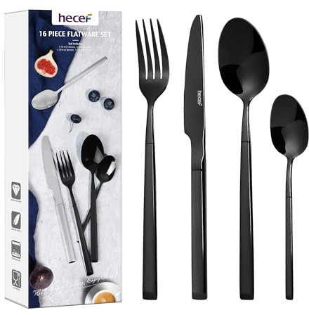 hecef Couverts de Table 16 Pièces pour 4 Personnes, Acier Inoxydable 18/0, Manche Ergonomique, Lavable au Lave-Vaisselle, Set Couverts de Table pour Maison et Restaurant (noir)