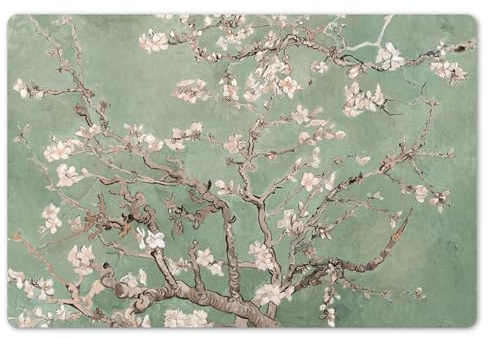 KitchenYeah© Set de 6 Manteles Individuales Plástico 45x30 cm Antimanchas y Antideslizantes Tapete Mesa Comedor Salvamantel Individual PVC Almendro En Flor - Verde - Arte - Van Gogh