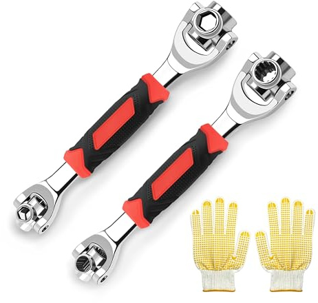 WETT Universal Socket Wrench, 2-Piece 52 in 1 and 48 in 1 Universal Socket Tools, Adjustable Multi Function Wrench, 6 & 12 Point, 360° Rotating Head Spanner Tool with Work Gloves, Stainless Steel