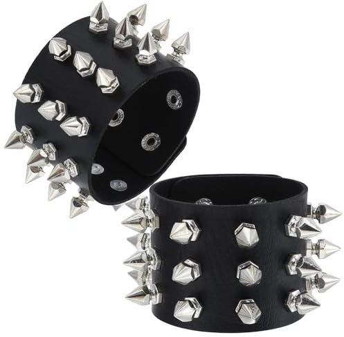PEOVLVN 2 Stück Herren Lederarmband punk Armband nietenarmband Punk Lederarmband Schwarz Gothic Armreif Unisex Punk Besetztes Armband für Musikfestival/Partyauftritt Kostümparty Konzert