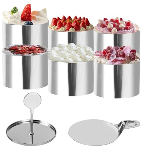 Coppapasta - Set Da 6 Anelli Per Mousse In Acciaio Inox (Ø7.5cm), con pressa e base, design senza giunture, facile da sformare, ideale per dolci, mousse, cottura e impiattamento