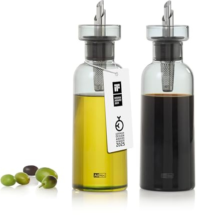 AdHoc AromaPour Ölflasche und Essigspender aus Borosilikatglas Grau | Mit PreciseFlow Ausgießer aus Edelstahl für tropffreies Dosieren | Premium Geschenkset aus 2x 300ml Glasspender für Olivenöl