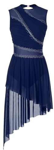 Miutii Vestido de patinaje artístico para mujer, sin mangas, brillante, vestido de ballet con falda asimétrica, vestido de danza lírico, moderno y contemporáneo, azul marino, XS