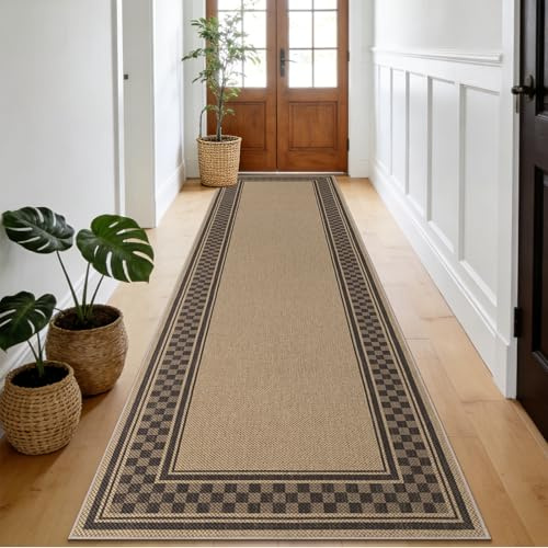 Enyhom Teppich Läufer Flur 80x300cm, Jute Aussehen Küchenteppich rutschfest | Waschbar Lang Flurläufer für Küche, Wohnzimmer, Eingang, Schlafzimmer, Balkon, Braun