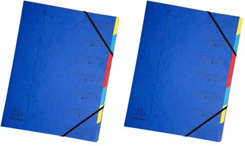Exacompta 54072E Premium Ordnungsmappe geheftet. Aus extra starkem Colorspan-Karton DIN A4 7 vollfarbige bunte Fächer und 2 Gummizüge mit Organisationsdruck Ringmappe Register-Mappe blau