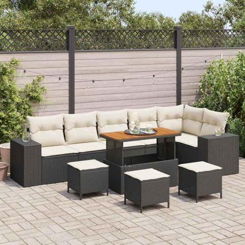 Frdhee Set di divani da giardino, 10 pezzi, nero e crema, 110 x 55 x 71 cm, gruppo panca angolare per interni ed esterni