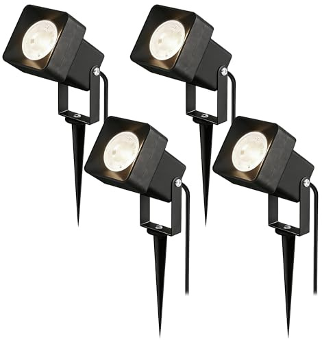 JNR Confezione da 4 faretti da giardino a LED per esterni, IP65, impermeabili, in alluminio, con corrente 5 W, GU10, 3000 K, luce bianca calda, cavo da 2 m, con spina, illuminazione da giardino con