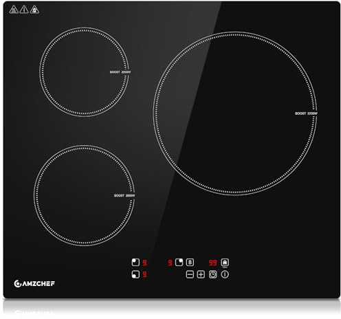 AMZCHEF piastra induzione 3 fuochi 60CM, Induzione con 9 livelli di potenza e Boost, blocco di sicurezza e timer, protezione dal surriscaldamento, schermo tattile LED, da incasso, 7400W