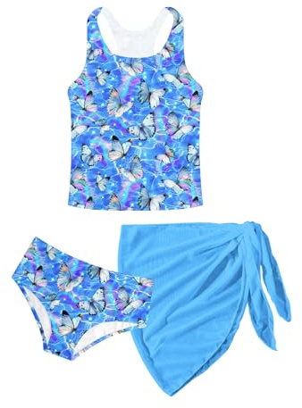 Kids4ever Bikini Teen Girls Fashion Tankini 3 Pezzi per Bambini con Stampa a Farfalla Blu Costume da Bagno per Bambini con gonne Spiaggia Surf 11-12 Anni