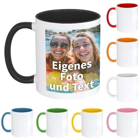 Fototasse personalisiert 340ml - Weiß/Schwarz - Wunschfoto und Text | Fototasse personalisierbar 340ml, mit Wunschfoto und Text
