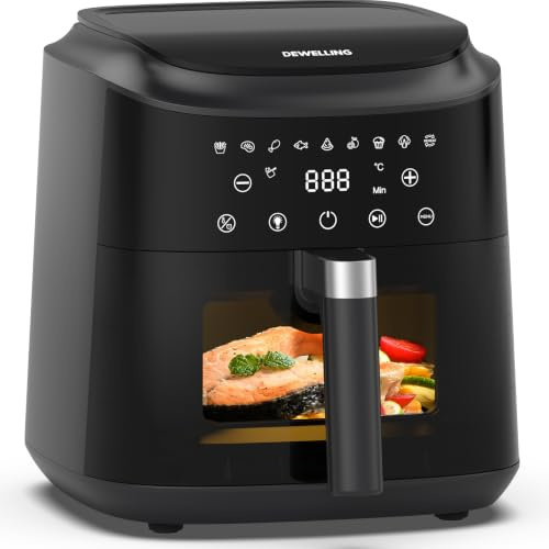 Dewelling Air Fryer 6L XL, Airfryer avec Fenêtre, Friteuse à Air Chaud 1650W, 9 Programmes, Écran Tactile LED, Température 40–200°C, Sans PFAS pour une cuisson plus saine