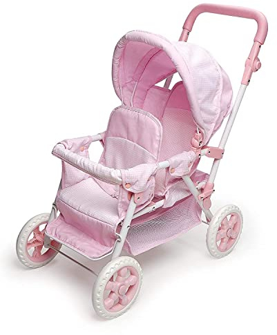 Badger Basket Double Front to Back Stroller for Dolls - Lightweight Foldable Toy Pram with Gingham Fabric Canopy and Storage Basket – Fun Pretend Play for Kids Ages 3 and Up - Pink