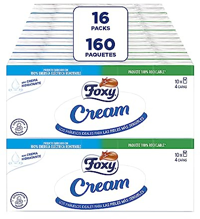 Foxy Cream Pañuelos de bolsillo 16 packs de 10 paquetes de 9 pañuelos 4 capas, Con crema hidratante, Certificación FSC, 100% Energía eléctrica renovable, Paquete reciclable