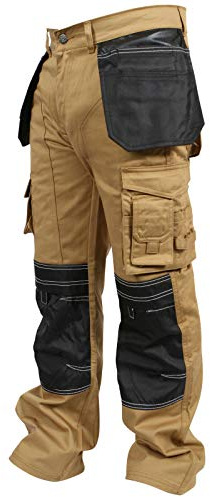 newfacelook Mens Multi Pockets Work Cargo Trousers with Knee Pockets, Khaki, 36W / 34L
