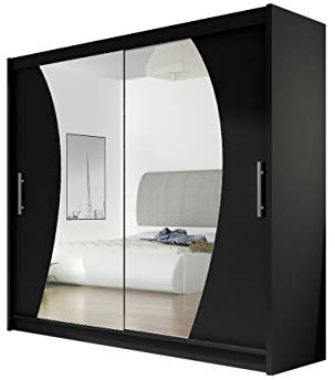 Mirjan24 Kleiderschrank mit Spiegel London IX, Schwebetürenschrank, Schiebetürenschrank, Modernes Schlafzimmerschrank 180x215x58cm, Garderobe, Schlafzimmer (Schwarz)