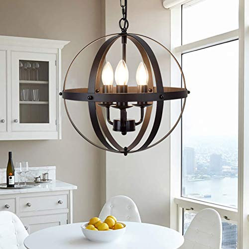 Ganeed Pendant Light Industrial Globe Pendant Lighting Vintage Chandelier Spherical Hanging Ceiling Fixture for Kitchen Island Dining Table Farmhouse E14 Black 3 Light