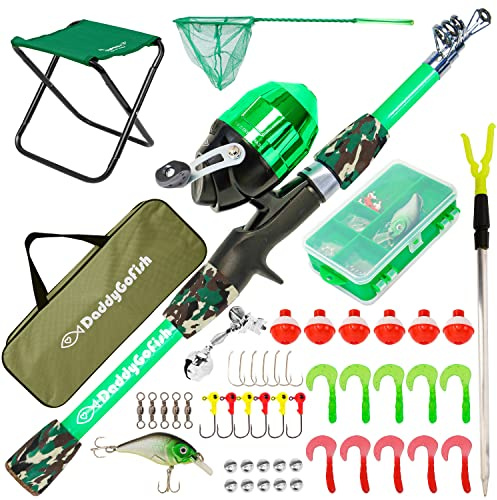 DaddyGoFish Kids Fishing Pole - Rod Reel Combo Tackle Box Starter Set - First Year Small Dock Gear Kit for Boys Girls Toddler Youth Age Beginner Little Children Junior Anglers (Green, 5ft)