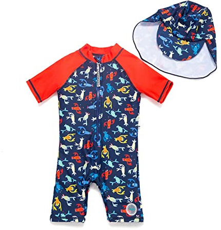 BONVERANO Bañador de una Pieza para bebé recién Nacido, Mangas largas, protección UV 50+, bañador con Cremallera(Rojo-camarón,12-18meses