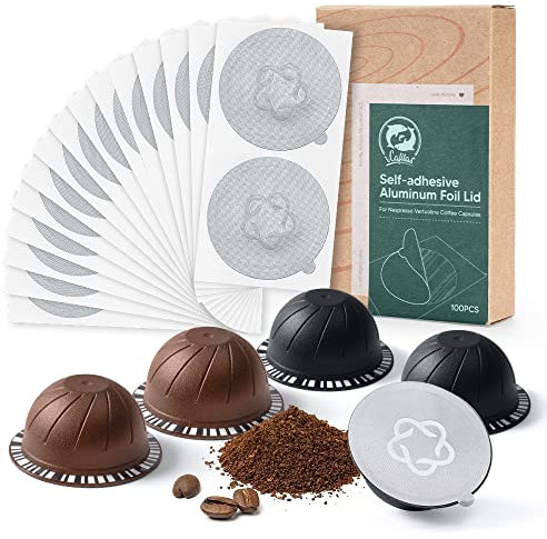 Reusable Vertuo Capsules Refillable Coffee Pods with Espresso Aluminum Foils for Nespreso Vertuo Coffee Machines GCA1 and De'Longhi ENV135S (100PCS+3+2)