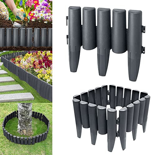 Yznahre 11,2m Rasenkante Gartenpalisade aus Kunststoff, Garden Beeteinfassung Mähkante Beetumrandung Palisade Beetzaun Holzoptik, Anthrazit, 1 Element (L x H): 28 x 24 cm