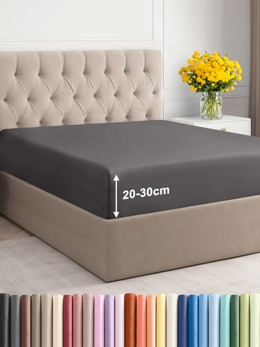 Spannbettlaken 200x200 - Mikrofaser Spannbetttuch 30cm (12) - Dunkelgrau | Spannbetttuch, Boxspringbett, Weich, Knitterfrei, Bügelfrei, Atmungsaktiv, Hypoallergen, Rundumgummi, Gebürstet, OEKO-TEX