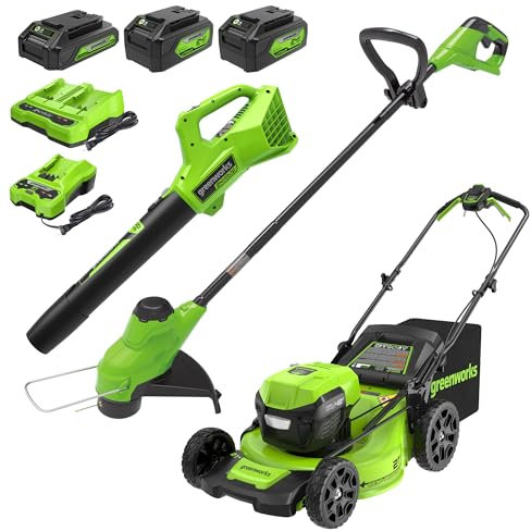 Greenworks 48V (24V x 2) High - Performance Cordless Yard Tool Combo: 21 self propelled lawn mower, 12 Trimmer & Blower, with 3 Batteries & 2 Chargers