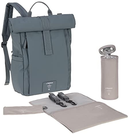 LÄSSIG Baby Wickelrucksack Wickeltasche Rucksack mit Wickelunterlage, Kinderwagenbefestigung, Flaschenhalter nachhaltig produziert/GRE Rolltop Backpack anthracite