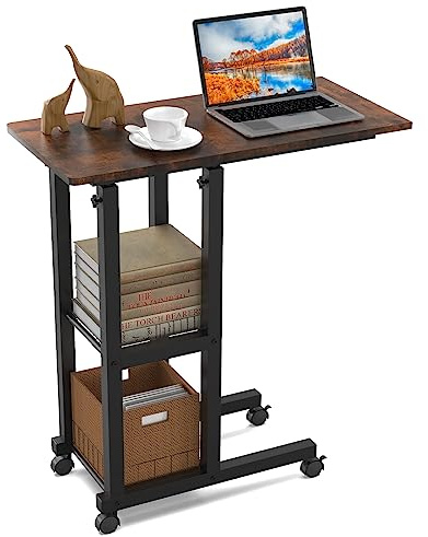 PIPIPOXER Beistelltisch mit Rollen, 60cm x 30 cm Sofatisch, Laptoptisch Höhenverstellbar 69-90cm, Schreibtisch mit Rollen, 360° Drehbar für Wohnzimmer, Holz