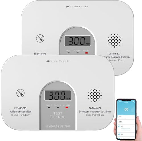 VisorTech CO Melder WLAN: 2er-Set WLAN-Kohlenmonoxid-Melder, LCD-Display, 10-Jahres-Sensor, App (Kohlenmonoxid-Detektoren, Alexa, Gasmelder)