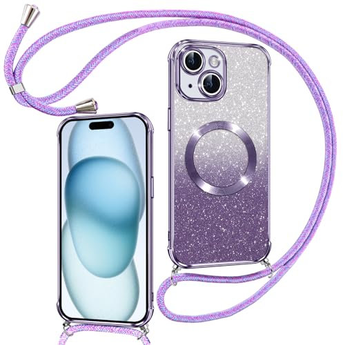 Phoona Handyband Hülle für iPhone 15 mit Band [kompatibel mit MagSafe], Luxuriöse Glitzer Beschichtung Magnetische Handyhülle für iPhone 15 Silikon TPU Stoßfest Schutzhülle, Lila