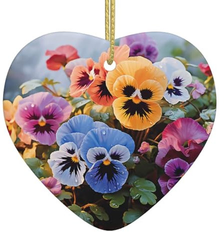 Stiefmütterchen Blumen Weihnachten Ornament Herz Keramik Hängende Ornamente für Weihnachtsbaum Feiertage Ornamente mit Goldseil Hängende Porzellananhänger für Party Weihnachtsdekoration