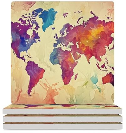Quadratische Keramik-Untersetzer-Set, bunte Karte, bedruckt, dekorative Kaffeetassen-Untersetzer mit Korkboden, Getränkeuntersetzer, Steinuntersetzer für Küche, Schreibtisch, Bar, Dekoration, 4 Stück