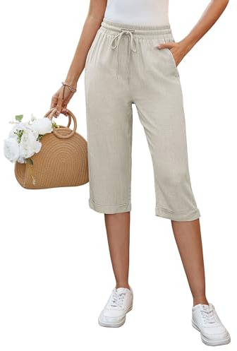 Auffortria Damen Leinen Sommerhose 3/4 Casual Leichte Baumwolle Leinenhose Bequeme Luftige Locker Freizeithose Strandhose Mit Taschen (Beige, X-Large)