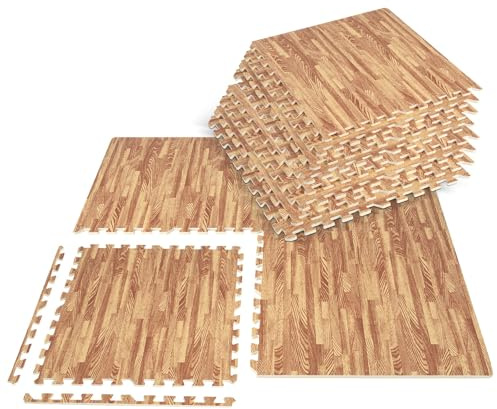 FANTASK 12 Stück Schutzmatte, Puzzlematte aus Eva, 61 x 61 cm, Bodenmatte mit Holzmasserung, Bodenschutzmatte Spielmatte inkl. Randstück, Matte für Bodenschutz, Fitnessmatte Trainingsmatte, Natur