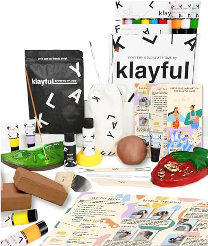Klayful-Töpferset für Anfänger | Lufttrocknendes DIY Set für Erwachsene | 3kg of ton,Werkzeuge,Acrylfarben,Pinsel, Dichtmittel,Anleitung (1,5 kg Ton Terrakotta – Klassische Farben)