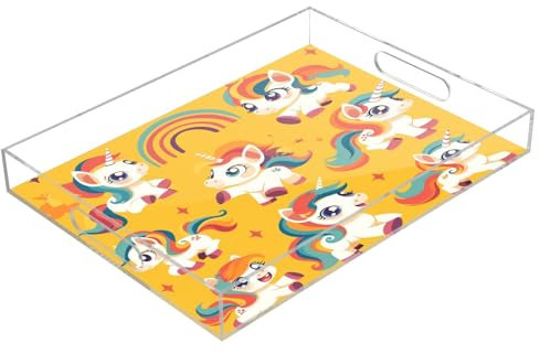 Rainbow Unicorn Horses Yellow Acrylic Serving Trays, Clear Rectangular Tray with Handles Serving Platter for Coffee Table Kitchen Bathroom