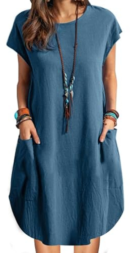 ZANZEA Leinenkleid Damen Sommer Casual Rundhals Kurzarm Strandkleid Knielang Leicht Minikleid Blaues 3XL