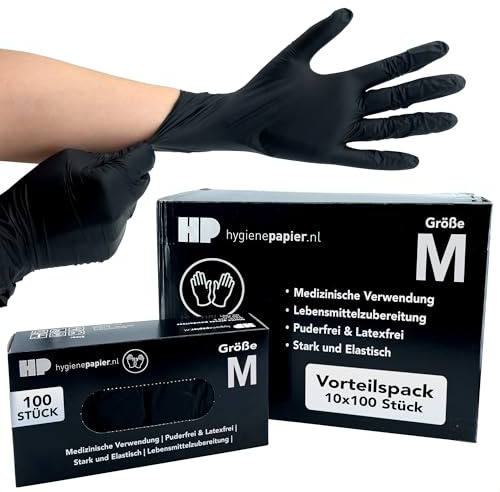 Bové - Lot de 1000 gants jetables en nitrile - Noirs - Taille M - Sans latex et sans poudre - Pour la médecine et les aliments - Indéchirables et élastiques