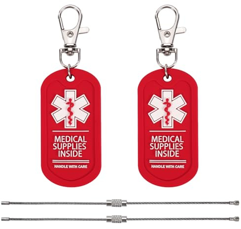 MEDMAX Paquete de 2 etiquetas interiores de suministros médicos, asa con cuidado para bolsas o equipaje que contiene dispositivos médicos, fácil de detectar, etiquetas de alerta médica de doble cara