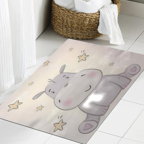 JHAOUNUK Weich Badezimmerteppich 40x60cm,Beige, klein, nilpferd, und, klein, sternen, freigestellt, weiß, hinter,rutschfest waschbar Badematte Flauschige Badteppich Saugfähig Badvorleger Duschvorleger