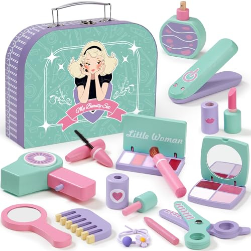 Atoylink Faux Maquillage Enfant Fille en Bois, Set de Malette Maquillage Enfant avec Accessoires de Coiffure, Kit de Coffret Trousse Maquillage Jouet en Bois, Makeup Kit Cadeau pour Fille 3 4 5 6 Ans