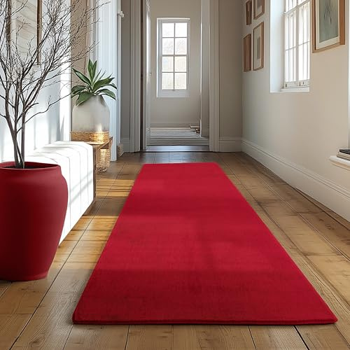 SIMPEX Läufer Teppich Rot 80x250 cm Kurzflor Teppich Waschbar, weich & rutschfest, modernes einfarbiges Design für Schlafzimmer, Küche & Flur