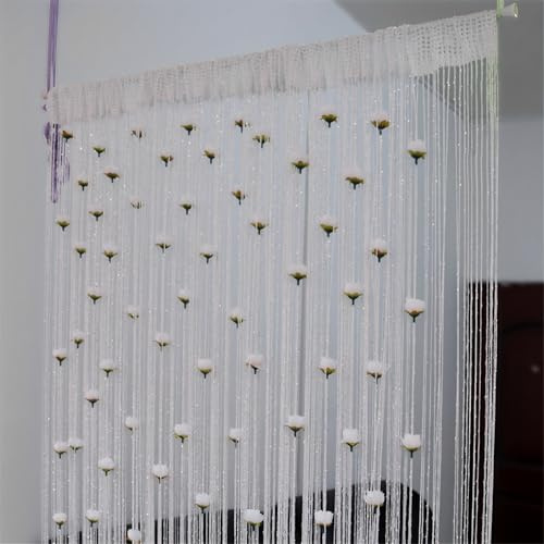 Surwin Tenda Antimosche a Fili per Porta Esterna con Rose, Frizzante Tenda a Fili Glitterata Pannelli Divisori, Colorato per Mosche Divisorio per Stanze Finestre Decorazioni (Bianco,100x200cm)