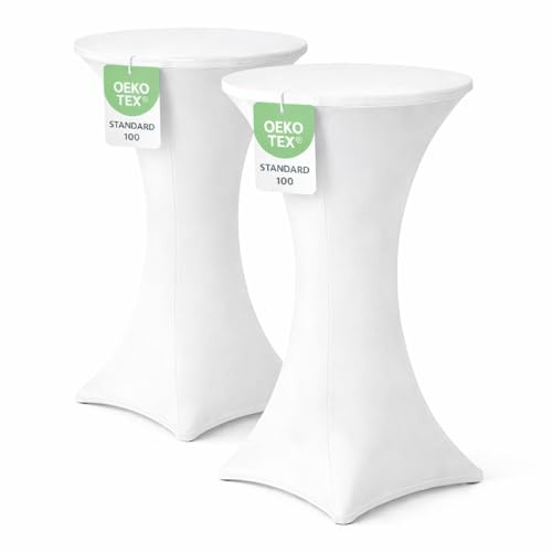 Stehtischhusse für Bistrotisch mit 4 verstärkten Fußlaschen elastisch Stretch OEKO-TEX zertifiziert Ø 80-85x110-120 cm Weiss (2 Stück)