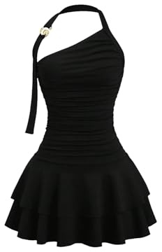 GORGLITTER Women's Ruffled Halter Neck Party Mini Dresses Metal Ruched Sleeveless A Line Swing Festival Dress Black S