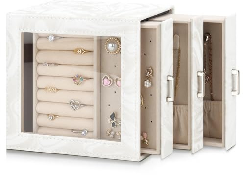 DesignSter Schmuckkästchen, Schmuckschatulle für Damen, PU Schmuckbox mit Seitlichen Schubladen, Schmuckaufbewahrung für Ohrringe, Halsketten, Ringe, Armbänder, Uhren, Weiß