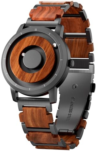 EUTOUR Holz Uhr Herren Magnet Uhren Schweiz Quarz 3ATM 40mm Lederband | Kein Glas, Keine Zeiger, Die Zeit wird durch zwei Magnetkugeln angezeigt: äußere Kugel für Minuten, innere für Stunden