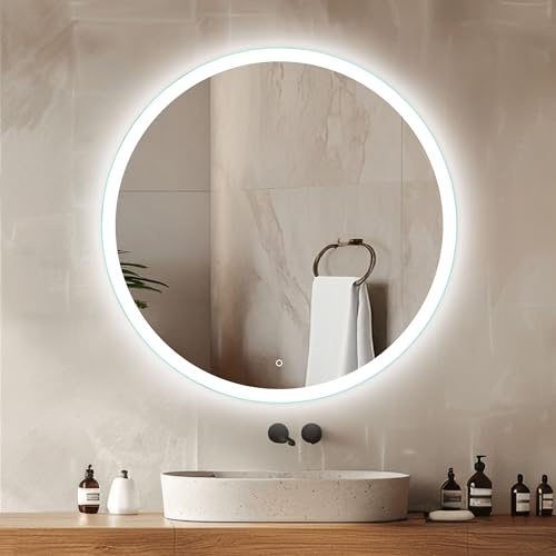 Venti Runde LED Badspiegel 60 cm, Frontbeleuchtung | Badezimmerspiegel mit Beleuchtung, LED Wandspiegel, Touchschalter, Neutralweißes Licht, Modernes Design